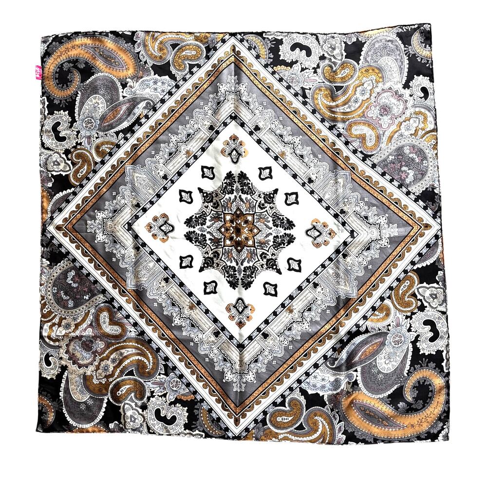 Vintage ECHO silk scarf black tan gray white paisley geometric 30" square